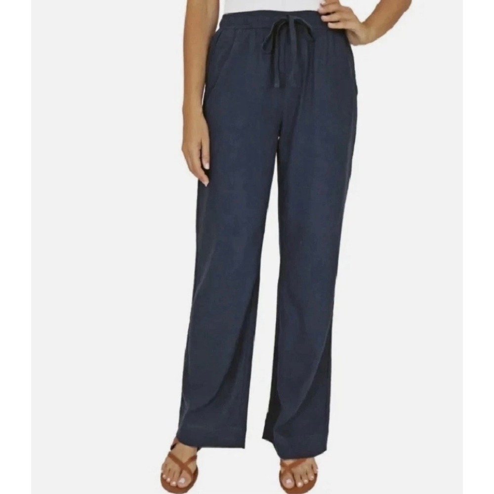 Briggs Womens XL Navy Blue Linen Blend Wide Leg Drawstring Pants Beachy Coastal